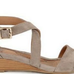 Leather Taupe mini wedge ankle strap sandals